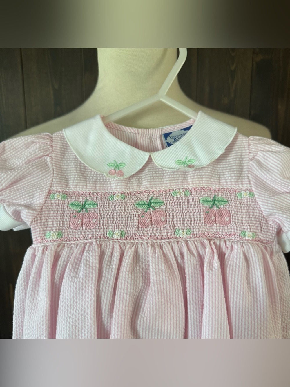 Girls Vintage Style Carriage Boutique Cherry Smocked Bubble Romper Pink 3 Months